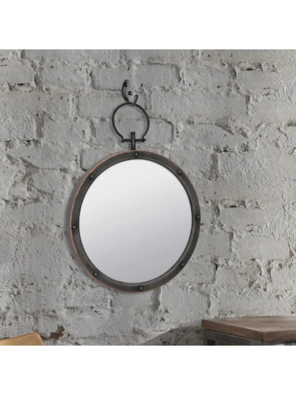 Rustic Bronze Round Metal Mirror with Rivet Detail & Hanging Ring, 21.1